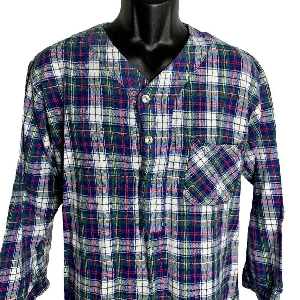 Vintage Mens Oscar de la Renta Nightshirt S Blue Plaid Pocket Button Long Sleeve